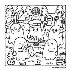 an adult coloring page with cartoon characters in black and white, one is eating while the other