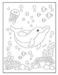 a coloring page with an image of a dolphin and jellyfish in the ocean, surrounded by marine life