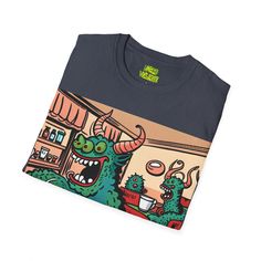 Lizard Vigilante Premium Coffee Monsters Unisex Softstyle T-Shirt | Yours only at Lizard Vigilante Funny Graphic Relaxed Fit Tops, Funny Graphic Design Tops With Relaxed Fit, Funny Graphic Short Sleeve Tops, Funny Short Sleeve Tops With Graphic Design, Funny Graphic Design Short Sleeve Tops, Funny Graphic Crew Neck Shirt, Relaxed Fit Crew Neck Shirt With Cartoon Print, Graphic Tee With Cartoon Print And Crew Neck, Funny Graphic Short Sleeve T-shirt