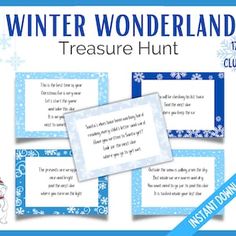 the winter wonderland treasure hunt with snowflakes and blue frames, including an image of a