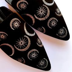 I'm so excited to be offering my Hecate Triple Moon + Star Mules! These super comfortable and elegant witchy black velvet vegan suede mules with embroidered crescent moon and stars in antique silver metallic thread are perfect for all things witchy from rituals and spellwork to celebrations and daily life.   ITEM DETAI Witch Shoes, Goth Witch, Glinda The Good Witch, Triple Moon, Suede Mules, Witchy Woman, Moon And Stars, Star Sky, Moon Star