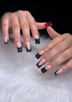 Short Black Nails With Red Bottoms, Cute Red Bottom Nails, Red Bottom Short Nails, French Design Nails Square, Black Nail Designs Medium Length, Red Bottom Birthday Nails, Black And Red Nails Ideas Simple, Gelx Inspo Nails Simple, Nails Acrylic Red Bottoms