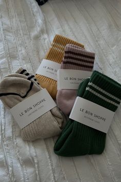 Le Bon Shoppe Socks We loved our Boyfriend Socks so much we decided she needed a sister, the Girlfriend Socks is the cool crew version of our original bestseller and classic Boyfriend Socks. These beauties feature a triple contrast stripe at the opening and a shorter classic crew sock length. She is a universally quintessential sock and especially flattering for our petite ladies. SIZE: One size fits most. CONTENT: 85% cotton 13% polyester 2% spandex. Boyfriend Socks, Candle Pot, Salmon Avocado, The Body Book, Blue Socks, Take My Money, The Girlfriends, Crew Sock, Blowout Sale