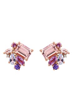 Easy-to-wear stud earrings will add significant polish to even your most casual ensembles. 0.43" drop; 0.46" width Total stone weight: 2.4ct. Total diamond weight: 0.01ct. Color: H–I Clarity: I2 14k rose gold/multi amethyst/aquamarine/morganite/tanzanite/diamond Made in the USA Diamond Guide Tanzanite Diamond, Diamond Guide, Diamond Stud Earrings, Diamond Stud, Morganite, Diamond Earrings Studs, Diamond Studs, Ear Piercings, Aquamarine