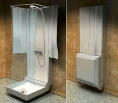 two pictures of the same toilet in different stages of being used as a stand up shower