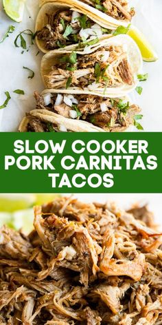 slow cooker pork carnitas tacos with limes and cilantro