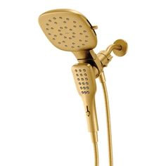 a gold shower head with thermostaer and hand held showerhead, on a white background