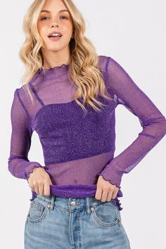 Purple Metallic Mesh Long Sleeve Top Purple Long Sleeve Tops For Night Out, Fitted Purple Tops For Winter, Fitted Purple Winter Tops, Winter Purple Fitted Tops, Purple Winter Party Top, Purple Fitted Top For Fall, Fitted Purple Tops For Fall, Fitted Fall Purple Tops, Purple Top For Night Out In Fall