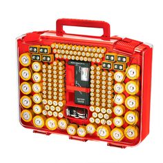 a red case with lots of yellow and white items in it on a white background