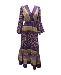 Material: 70% Silk & 30% Viscose  ( Recycled sari/saree fabric) Bust: 40'' Length: 52'' Sleeve Length: 22'' - Boho - Tiered maxi - Smock dress - Cross over neckline -Deep V-neck - Flowy - Ruffle hem - Butterfly sleeves - Abstract/paisley prints - Retro chic - Spring / Summer festival - RECYCLED SARI FABRIC RJ45 Bohemian Maxi Dress With Pallu For Festivals, Bohemian Maxi Dress With Pallu For Festive Season, Festive Bohemian Maxi Dress With Pallu, Bohemian Long Sleeve Bandhani Print Dresses, Festive Bohemian Purple Dress, Abstract Paisley, Sari Fabric, Saree Fabric, Butterfly Sleeves