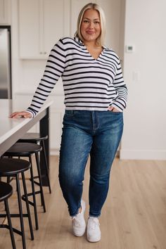 Stay cozy and on-trend with this Self Improvement V-Neck Striped Sweater. This lightweight sweater knit features a classic stripe print, with a collared v-neckline to complete the look. With timeless style and comfort, it's the perfect addition to your wardrobe. Lightweight Ribbed Sweater Collared V-Neckline Comfort Fit 100% Cotton True to Size S: Chest 36" Length 19"M: Chest 38" Length 20"L: Chest 42" Length 21"XL: Chest 44" Length 22"2XL: Chest 46" Length 23"3XL: Chest 50" Length 24" Model Sar Girls Stripes, Judy Blue Jeans, Lightweight Sweater, Sweater Sale, Stay Cozy, Sweater Knit, Striped Sweater, Ribbed Sweater, Slim Jeans