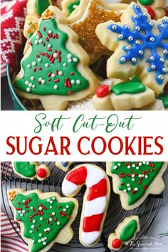 christmas sugar cookies on a cooling rack with the words soft cut out sugar cookies