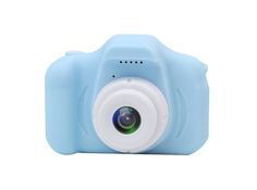 a blue camera is shown on a white background