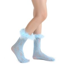 Be bold and stand out with these Destiny Feather Trim Lace Crew Socks! These raiment-ready beauties have the perfect amount of y2k vibes, and can pull up to mid calf or slouch, so you can 'flex' your style in any way you please. Semi-sheer nylon socks patterned in all-over crochet style lace. Hand-sewed feather trim just screams glam. Complete with a stretchy spandex cuff. So whether you're feeling more 'short and sweet' or edgy and elongated, these pastel blue aesthetic socks will take you stra Trendy Blue Socks For Spring, Blue Stretch Socks For Spring, Stretch Blue Socks For Spring, Trendy Stretch Blue Socks, Trendy Blue Socks For Winter, Trendy Blue Winter Socks, Trendy Blue Knee-high Socks For Winter, Trendy Blue Stretch Stockings, Trendy Stretch Blue Stockings