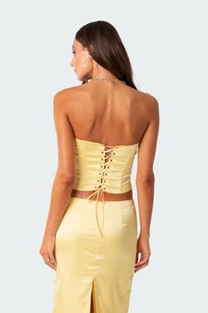 Corset Lace up back closure Boned bodice Satin fabric Matching set Polyester, Spandex Model wears size S Model height is 5'9 Item care: Wash with similar color Yellow Corset, Goldie Locks, Satin Corset Top, Fabric Matching, Lace Corset Top, Lace Up Corset, Boned Bodice, Denim Corset, Strapless Corset