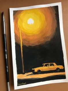 a painting of a yellow car parked in front of a street light with the sun behind it