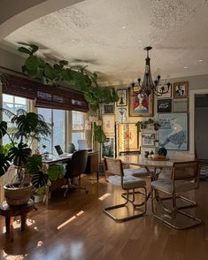 a living room filled with lots of furniture and plants on top of a hard wood floor