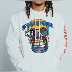 White Sniper Gang Skull Hoodie Size Small Urban Skull Print Hoodie For Streetwear, White Skull Print Sweatshirt For Streetwear, Casual Skull Print Sweatshirt For Streetwear, Casual Sweatshirt With Skull Print For Streetwear, Casual Skull Print Hoodie, White Casual Hoodie With Skull Print, Casual White Hoodie With Skull Print, White Casual Sweatshirt With Skull Print, Casual White Sweatshirt With Skull Print