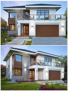 two pictures of the front and side of a house with garage doors on both sides