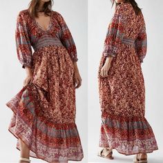 Printed To Perfection, This Forever Essential Maxi Dress Is Featured In An Effortless, Flowy Silhouette With Defined Border Detailing Throughout And Slightly Puffed Sleeves For Added Shape. Fit: Classic, A-Line Silhouette Features: V-Neckline, Defined Waist, Pleating At Bottom Hem, ¾ Length Sleeves Why We <3 It: The Ideal Throw-On-And-Go Maxi Dress For Any Occasion, This Cool And Classic Piece Is Perfect To Take You From Day To Night. Please Review All Photos To Make Sure This Item Is Up To Your Time Clothes, Bohemian Colors, Free People Dress, Bohemian Dress, Dresses Xs, Red Gold, Length Sleeve, Puff Sleeve, Free People