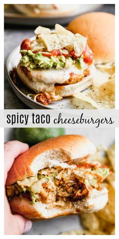 two pictures with different types of sandwiches on them and the words spicy taco cheeseburgers