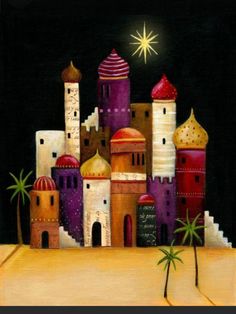 a painting of a castle with a palm tree in the foreground and a star above it