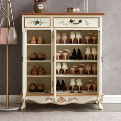 a cabinet with many pairs of shoes on it