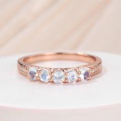 5 Stone Diamond Moonstone Wedding Band for Women | BBBGEM Moonstone Wedding Band, Wedding Band For Women, Gemstone Wedding, Anniversary Wedding Band, Diamond Birthstone, Moon Stone