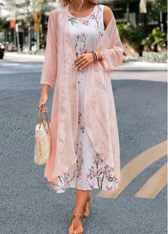 Color:Pink;Size:1X;Size:2X;Size:3X;Package Contents:1 X Dress , 1 X Cardigan;Occasion:Other;Style:Casual; Long Tunic Dress, Latest Dress For Women, Trendy Tops For Women, Tank Top Outfits, Shift Dresses, Pink Maxi, Vestidos Vintage, Floral Print Maxi Dress, Floral Print Maxi