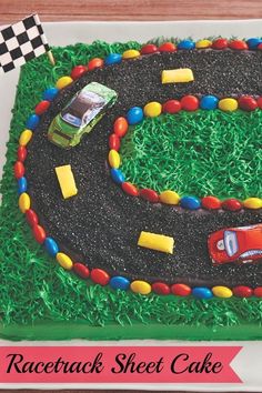 a race track sheet cake with cars on the road and grass in front of it