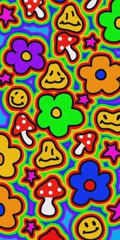 an image of colorful flowers and smiley faces on a blue green red yellow black background