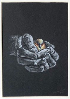 a drawing of two hands holding a piece of bread in it's palm, against a black background