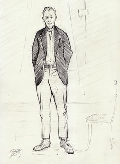 a black and white drawing of a man in a suit