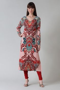 Red long sleeves A-line kurta with all over damask art print and mirror, beads embroidery detailing. Paired with a churidar and dupatta. - Aza Fashions Red Embellished Straight Kurta, Red Embellished Kurta, Designer Red Embellished Kurta, Red Embellished Kurta For Festive Occasions, Red Embellished Festive Kurta, Red Embellished Kurta For Festivals, Fitted Bollywood Style Hand Embellished Kurta, Fitted Hand Embellished Bollywood Kurta, Festive Red Embellished Kurta