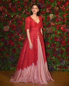 Aditi Rao Hydari wearing red and pink suit for Deepika & Ranveer's reception. See more on wedmegood.com  #wedmegood #indianwedding  #deepveer #deepveerwedding #deepveerreception #deepikapadukone #ranveersingh #ranveerdeepika #aditiraohydari Deepika And Ranveer, Naira Dress, Reception Outfits, Gown Indian, Aditi Rao Hydari, Sangeet Outfit, Aditi Rao, Anushree Reddy, Stitching Ideas