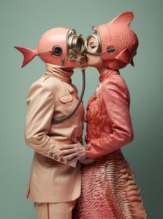 a man and woman kissing in front of a pink fish mask on top of each other