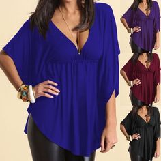 Plus Size Sexy Femmes V Neck Summer Vrac Blouse Manches Batwing Shirt Tops Casual Woman Blouse Casual, Batwing Shirt, Batwing Sleeve Top, Black Blouse Women, Plus Size Blouse, Loose Blouse, Solid Tops, Plus Size Blouses, Casual Blouse