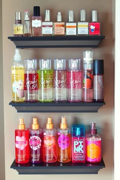 the shelves have many different types of hair products on them