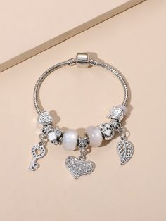 Silver Fashionable   Zinc Alloy  Charm Bracelet Embellished   Jewelry Heart Leaf, Rhinestone Heart, Leaf Charms, Toe Rings, Pandora Charm Bracelet, Online Fashion, Zinc Alloy, Men's Clothing, Charm Bracelet