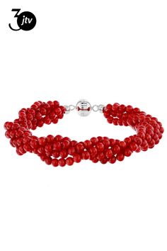 4mm round cabochon red coral sterling silver twisted bead bracelet. Measures approximately .32"W. Magnetic clasp. Elegant Red Coral Beaded Bracelets With Round Beads, Elegant Red Coral Beaded Bracelets, Elegant Red Coral Jewelry With Faceted Beads, Elegant Red Coral Beaded Bracelets With Adjustable Fit, Red Round Beads Bracelets For Formal Occasion, Elegant Braided Beaded Bracelets, Adjustable Red Coral Jewelry, Adjustable Round Red Coral Jewelry, Elegant Adjustable Red Coral Bracelet