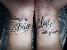 two wrist tattoos with the words love and strength written on each side of their arms