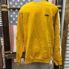 Brand New Item Without Hand Tags Yellow Long Sleeve Sweater For Streetwear, Casual Yellow Long Sleeve Sweatshirt, Yellow Crew Sweatshirt For Winter, Yellow Crew Neck Sweatshirt For Winter, Yellow Crew Neck Top For Winter, Yellow Crew Neck Winter Tops, Yellow Fleece Long Sleeve Outerwear, Yellow Long Sleeve Fleece Outerwear, Yellow College Sweatshirt For Fall