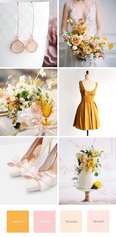 the color palette is peach, yellow and white with some flowers on top of it