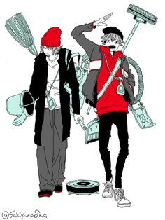 two people are standing next to each other with brooms on their heads and one is wearing a red hat