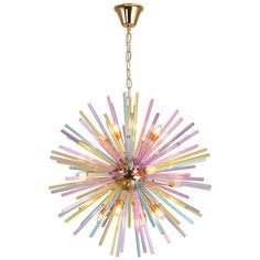 a multicolored chandelier hanging from a ceiling