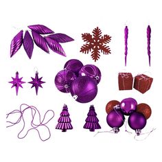 purple christmas decorations are arranged on a white background