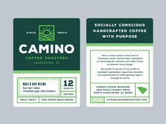 the front and back side of a coffee roaster's business card for camino coffee roasters