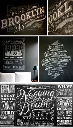 the chalkboard wall is decorated with different types of lettering