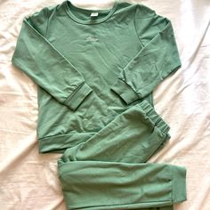 Like New, Never Worn, Sweatsuit, Two-Piece, Set In Sage, Color With Customized Abrie Stitched On The Front, Crewneck, Elastic Waist, Pants, Ribbed Sage Color, Elastic Waist Pants, Waist Pants, Matching Sets, Elastic Waist, Two Piece, Like New, Elastic, Pants