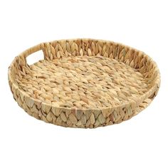 a round woven tray with handles